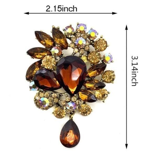 Yellow Gold with Topaz and Iridescent Austrian Crystal Flower Teardrop Brooch - Picture 5 of 5